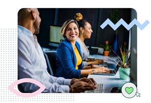 Smiling colleagues at desks with graphic illustrations as border