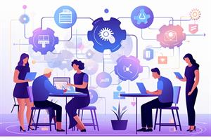 Graphic of people working and various cogs above them