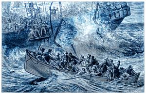Illustration of a large boat in a storm at sea