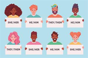 Gender identity graphic with people holding notes with their pronouns