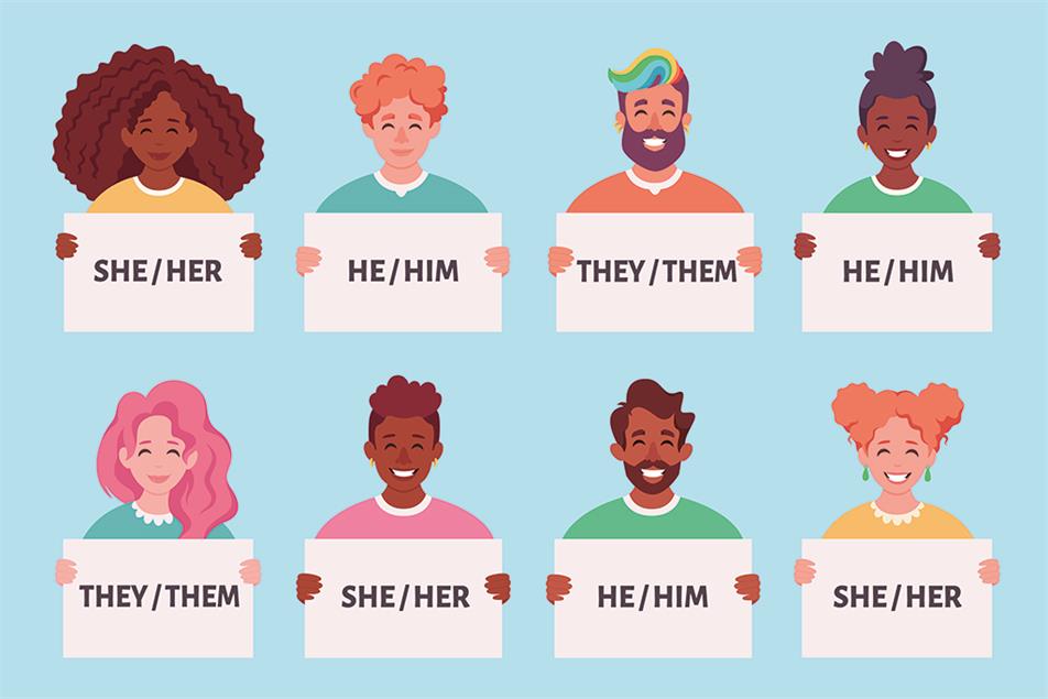 Gender identity graphic with people holding notes with their pronouns
