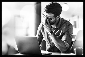 businessman, laptop and headache 