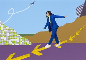 woman in suit walking on cartoon line of arrows