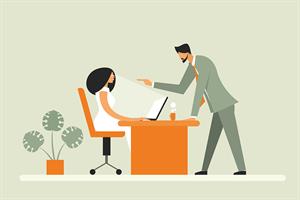 Illustration of a man pointing at a woman sat at a desk