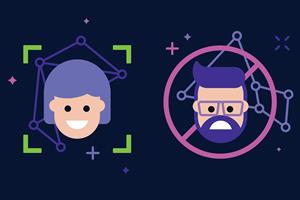 Illustration showing a face with a green square around it and a face with a red cross through it