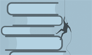 Illustration of a person climbing up a rope and a pile of books