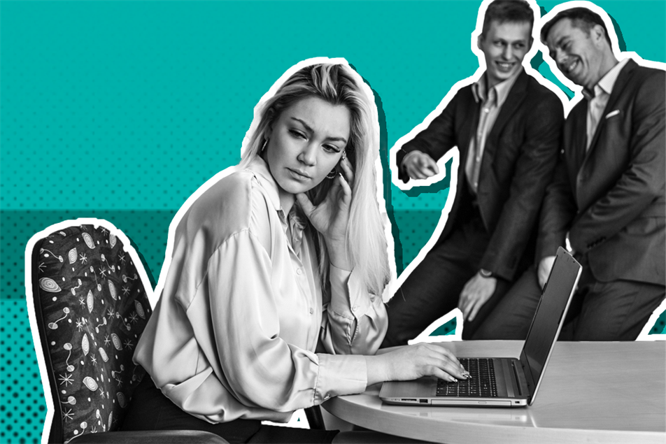 Two people laughing and pointing at woman sat in front of a laptop