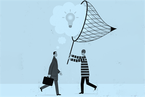 Illustration of a person catching a lightbulb in a thought bubble