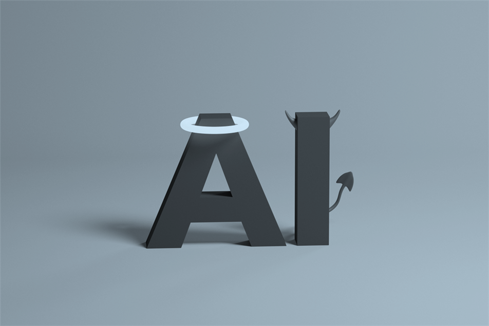 AI letters with halo and devil horns and tail