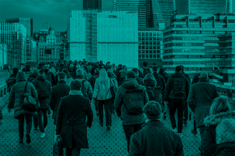 Group of commuters walking in London