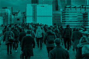 Group of commuters walking in London