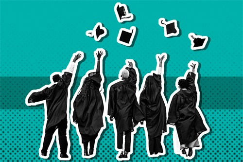 Group of graduates throwing hats up