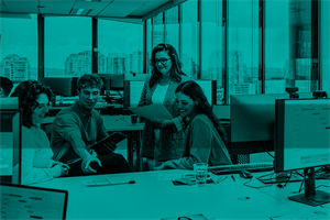 Group of people talking in an office