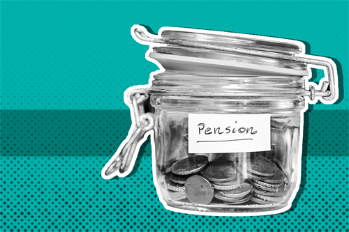 Pot with coins in it labelled 'pension'