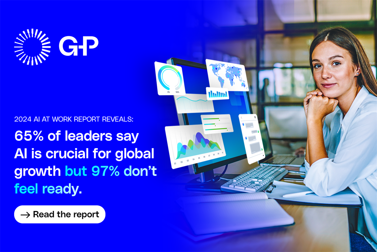 woman at computer screen next to stat saying '65% of leaders day AI is crucial for global growth but 97% don't feel ready